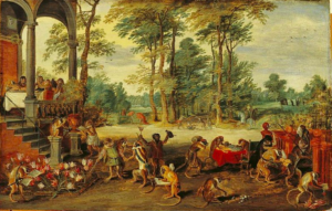 A Satire of Tulip Mania by Flemish painter Brueghel the Younger (ca. 1640), depicting the social hysteria at the time as if the market was run by brainless monkeys.